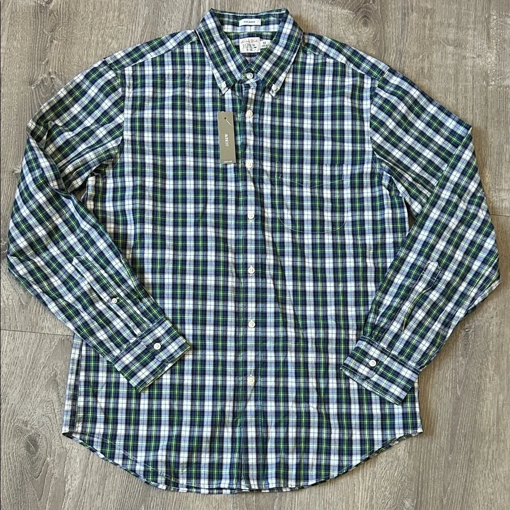 NWT J.Crew Slim Fit Plaid Flannel Shirt M Green Blue White